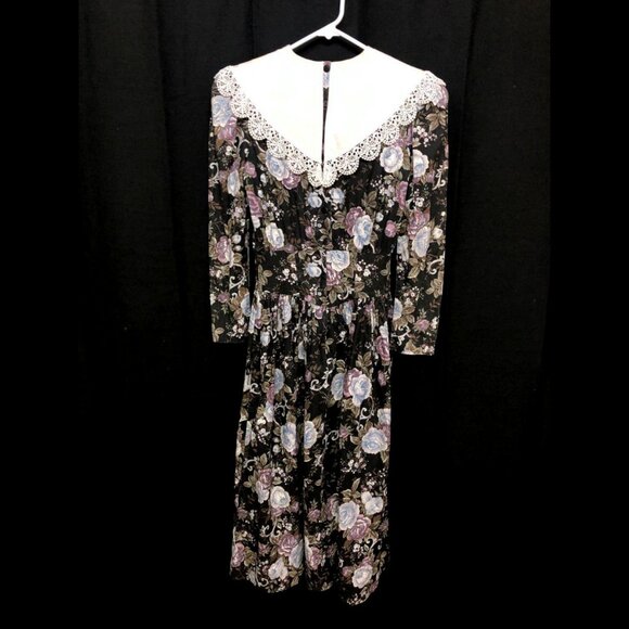 VTG Jessica McClintock Gunne Sak Black Print Fitted Dress Size Small - Picture 2 of 5